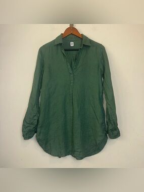 Gap Popover Tunic Shirt Women’s XS Green 100% Linen Lagenlook Minimalist Safari